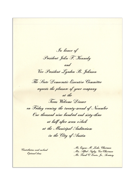 ''Texas Welcome Dinner'' Invitation to the Event Honoring President John F. Kennedy the Night of His Assassination
